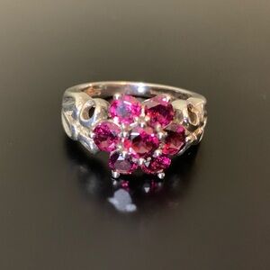 Garnet Flower Ring, Sterling Silver, Size 6-3/4 - 7